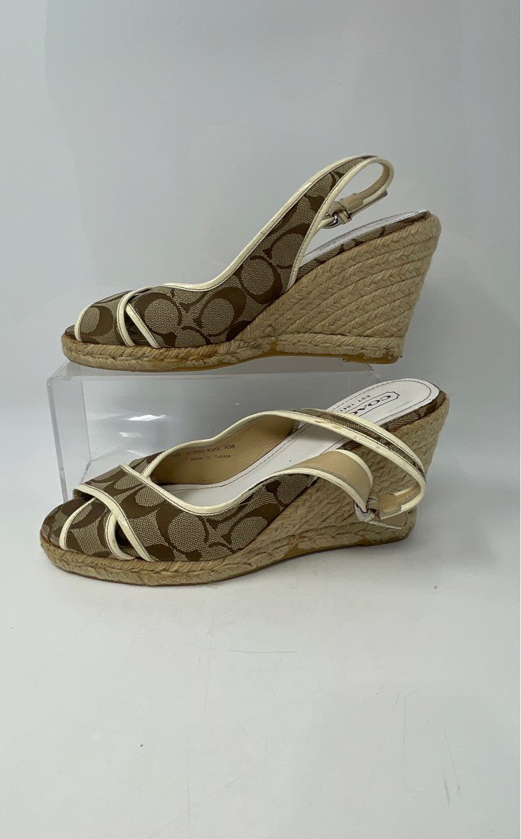 Coach Womens Kara Brown Ivory Peep Toe Wedge Heel Espadrille Sandals Size 9B