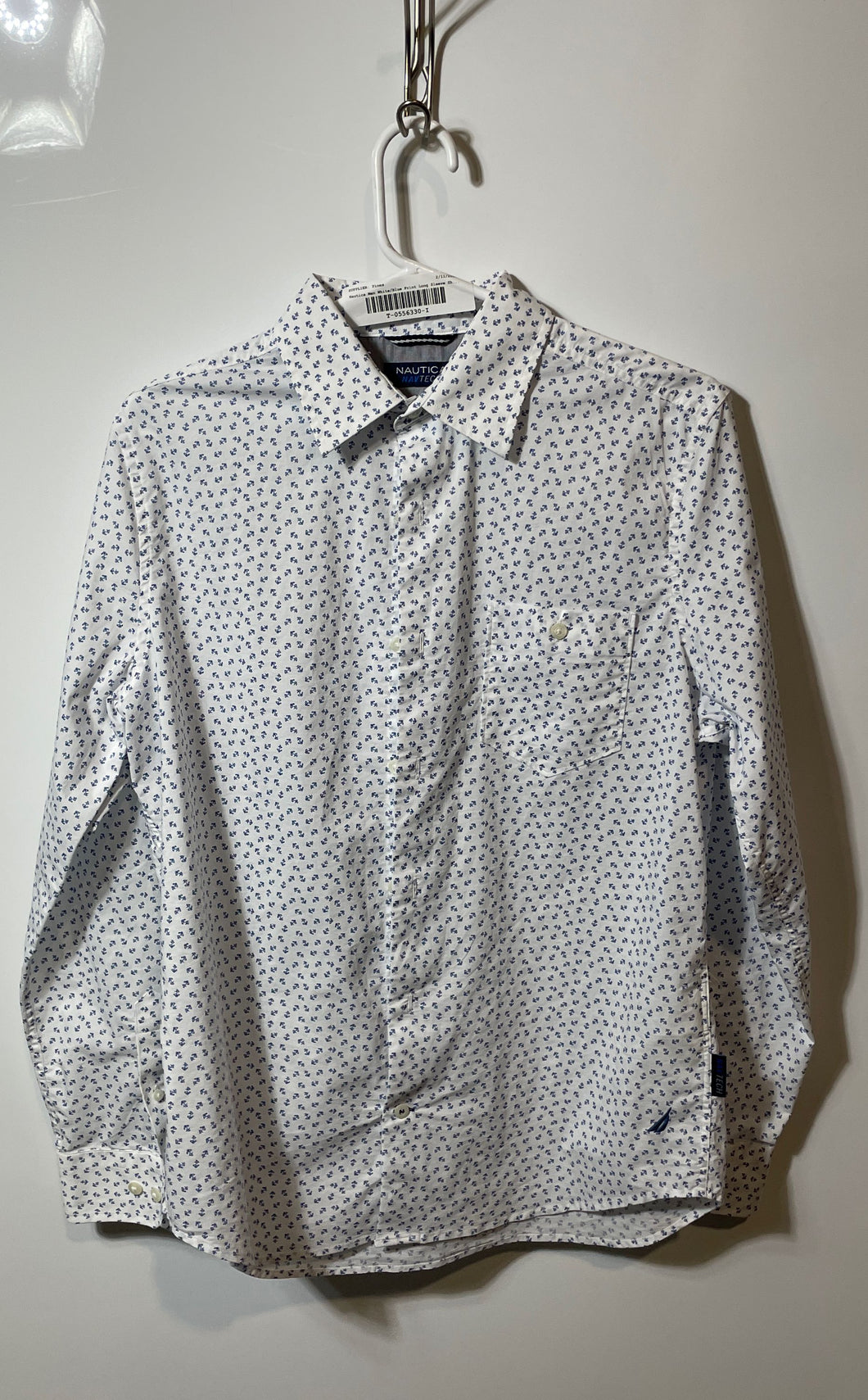 Nautica Mens White Blue Print Long Sleeve Collared Button-Up Shirt Size Small