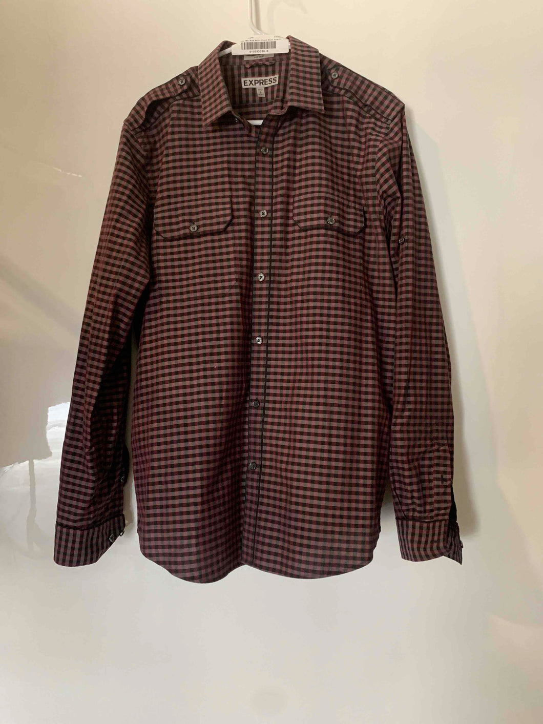 Express Mens Wine Multi Check Cotton Long Sleeve Dress Shirt Size L 16-16.5