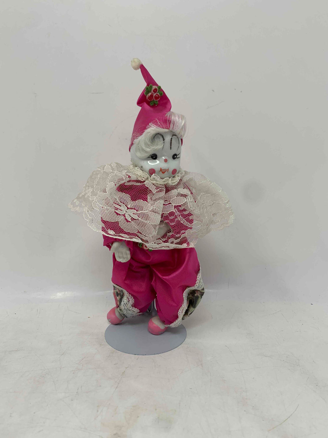 White Porcelain Pink Outfit Home Decorative Clown Figurine With Display Stand