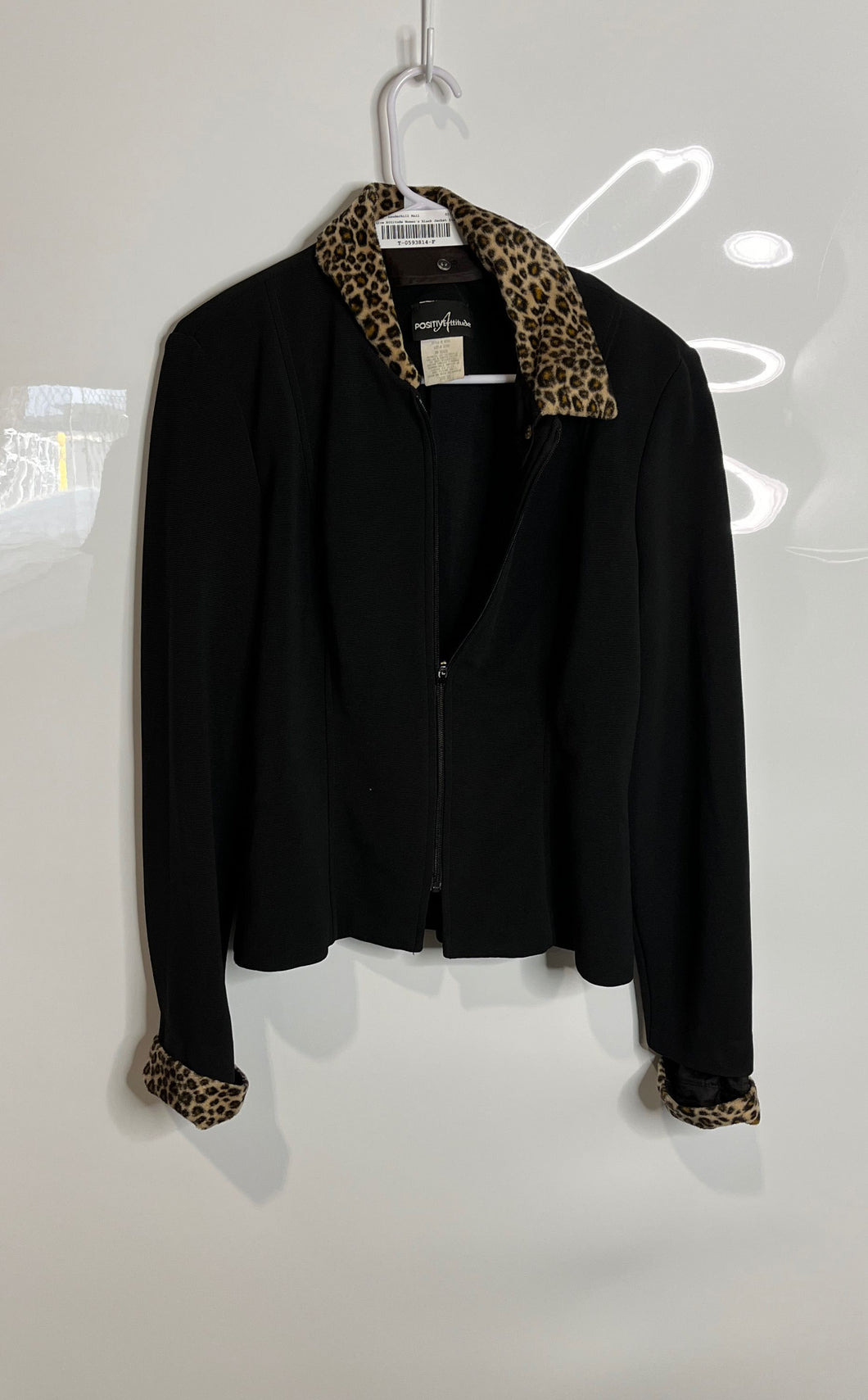 Positive Attitude Womens Black Leopard Trim Long Sleeve Full-Zip Jacket Size 12