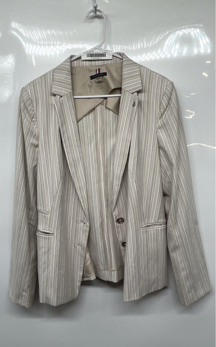 Tommy Hilfiger Womens Beige Multicolor Striped Pockets Two-Button Blazer Size 16