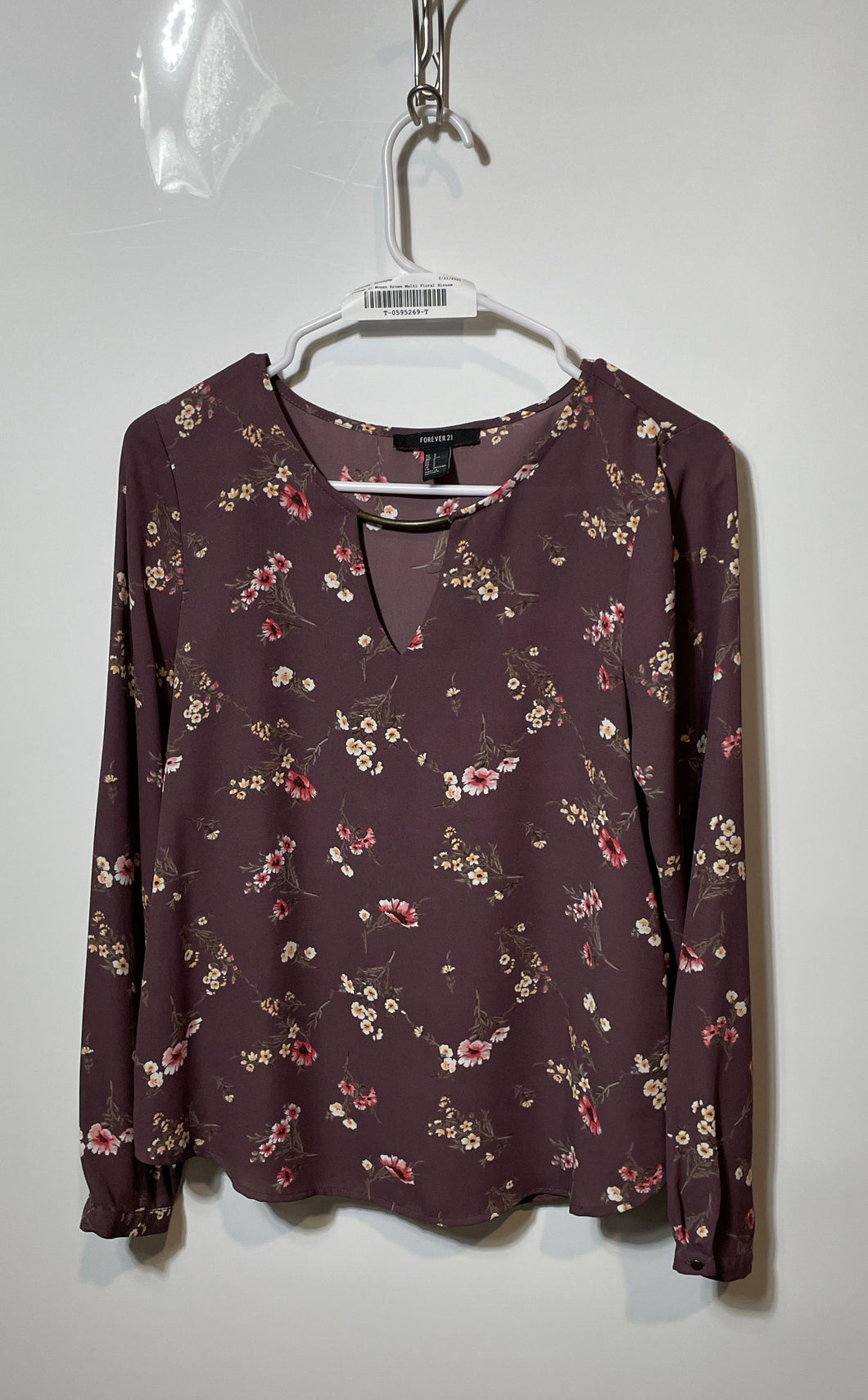 Forever 21 Womens Brown Multi Floral Long Sleeve Round Neck Blouse Top Size S