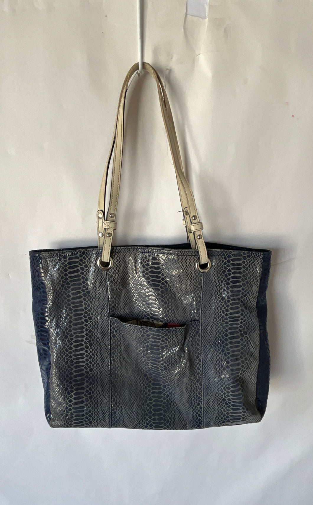 Wilson Womens Blue White Snakeskin Leather Inner Pocket Double Strap Tote Bag