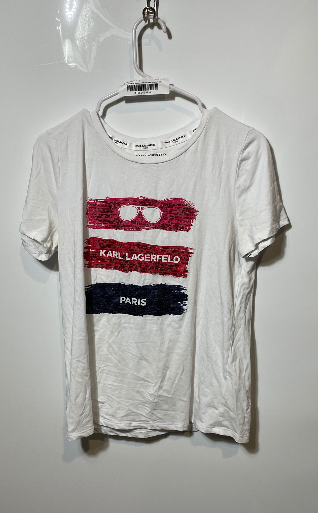 Karl Lagerfeld Womens White Red Black Short Sleeve Graphic Pullover T-Shirt Sz S